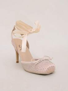 Pink Rhinestone Square Toe Stiletto High Heel Sandals For Women, Satin Bowknot Strap Closed Toe Open Back Party Dress Shoes - Pink - View 4
