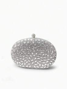 Women Oval Evening Clutch Leaf Rhinestone Pattern Ball Clasp Luxury Glamour Wedding Banquet Ball - Silver - View 3