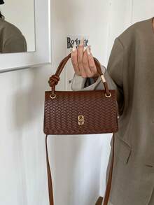 Women's Woven Texture Small Handbag, Vintage Knotted Top Handle Shoulder Bag, Flap Lock Crossbody Bag - Coffee - View 7