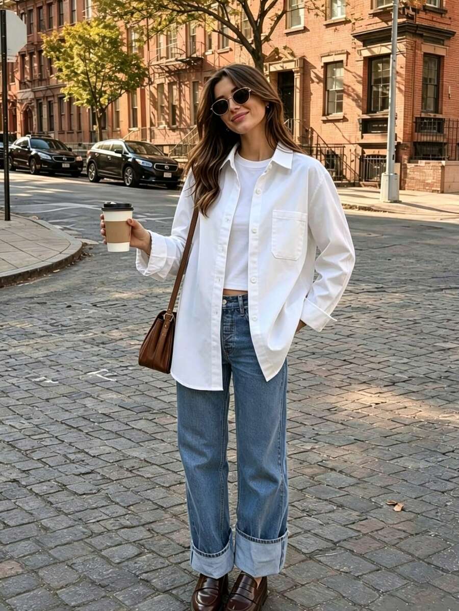 Women's Solid Color Pocket Front Button-Down Casual Shirt, Autumn White - White - View 1