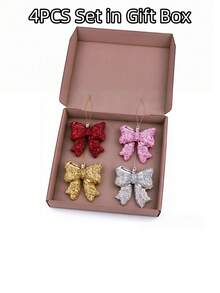 4Pcs Gift Box Set Christmas Bow Hanging Ornaments, Shiny Metallic Bowknot Pendant For Christmas Tree, Kids Holiday & Party Decor - Multicolor - View 10