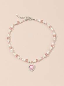 1pc Girls Sweet Faux Pearl Collarbone Chain Pink Heart Rhinestone Pendant Necklace Luxury Youth Style Choker Accessory - White - View 3