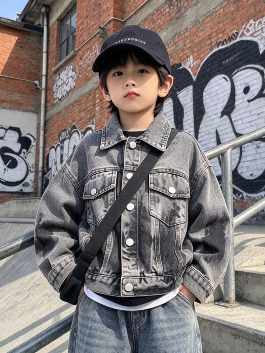 Boys' Toddler Loose Fit Colorblock Retro Denim Jacket, Autumn/Spring/All Season, Suitable For Daily Wear, Back To School, Outdoor - Grey - View 1