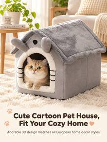 Rumah Hewan Peliharaan Berbentuk Vila Kartun Abu-abu, Sarang Hangat Tertutup yang Dapat Dilepas dan Dicuci, Tempat Tidur Gua Universal Empat Musim untuk Anjing dan Kucing Kecil - Grey - View 4