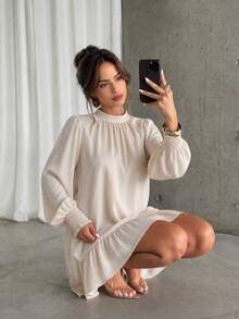 Vuslat Women's Autumn Satin Skirt Dress With Stand Collar, Ruched Puff Long Sleeves, Ruffle Pendant, Loose Fit, Suitable For Commuting, Office, New Year - Apricot - View 6