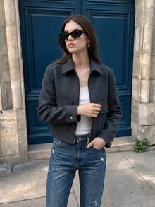 Women's Soft New Autumn/Winter Zip-Up Short Jacket, Long Sleeve With Pockets, Aviator Style - Dark Grey - View 3