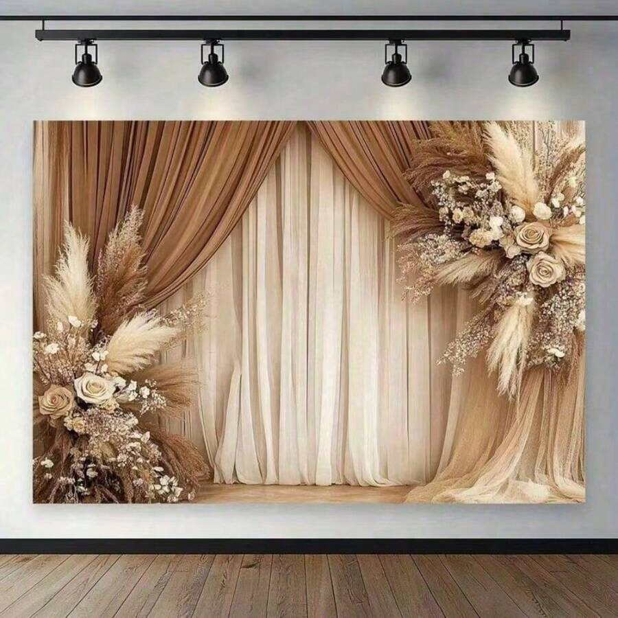 1pc Bohemian Style Floral & Reed Brown Curtain Background Design Printed Polyester Fabric High Definition Printing, Suitable For Wedding, Yard, Holiday Celebration, Home Decor And Photography Backdrop Props - A - View 1