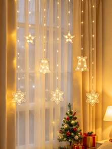 1pc 2m Battery Powered Christmas Snowflake Bell Curtain String Lights, Christmas Home Decor Star String Lights, Bedroom Wall Decor Bell String Lights, Christmas Tree Decoration Lights - Clear Snow + Bell - View 2