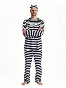 1 Set Halloween Cosplay Anime Prisoner Costume Classic Striped Prisoner Stage Outfit Performance Costume Men's Prisoner Outfit - Black and White - View 3