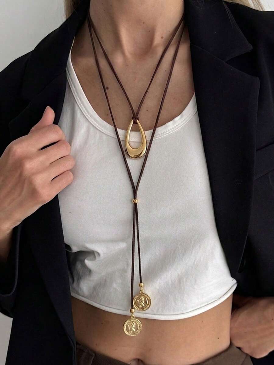 女款雙層皮革繩項鍊,金色肖像錢幣吊墜與水滴 Y 型鍊條,法式復古波希米亞風格飾品 - 款式2 - 查看 1