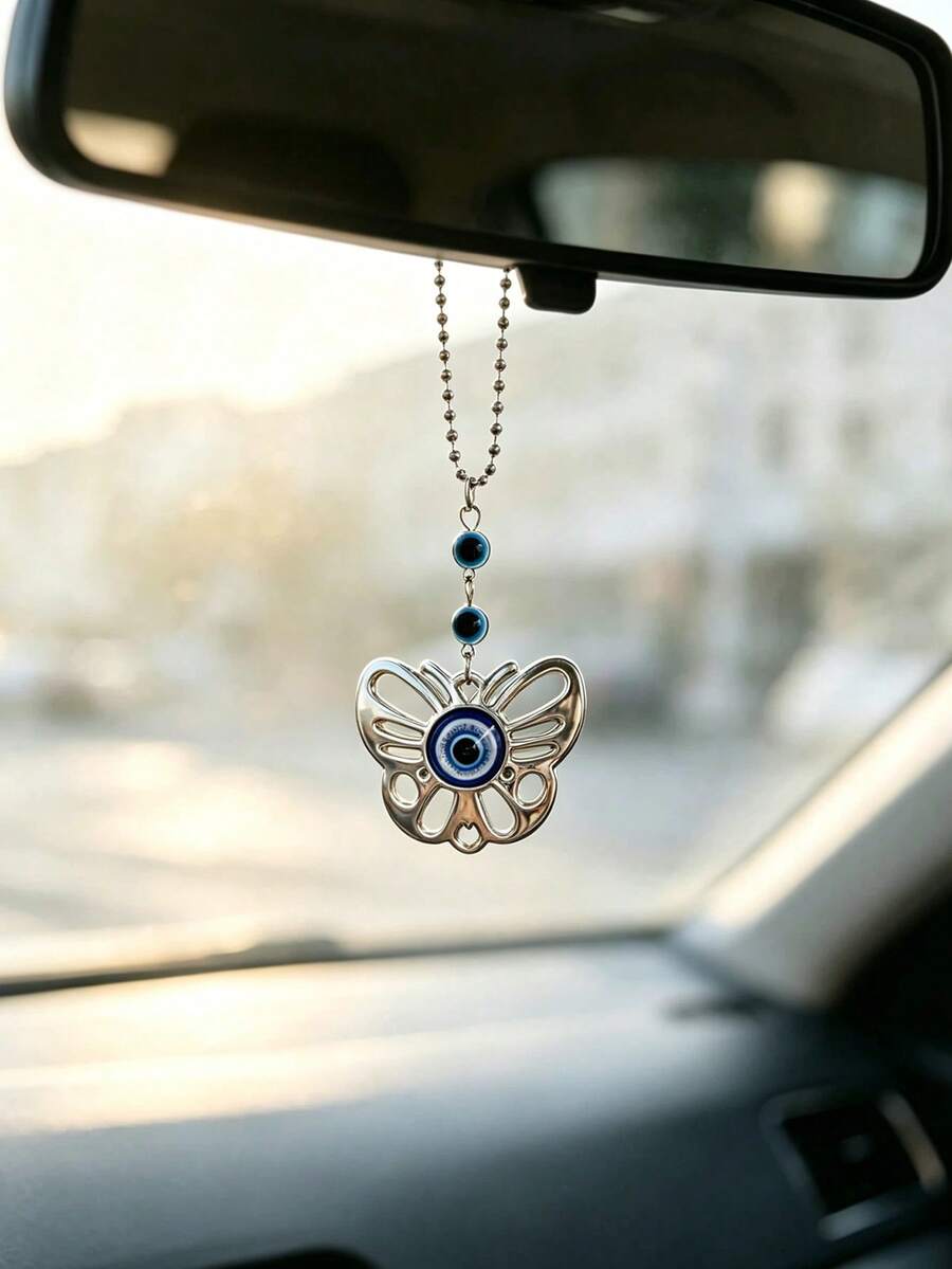 1 buah Hiasan Gantung Kaca Spion Mobil Bentuk Mata Jahat, Hati, dan Kupu-kupu, Aksesori Dekorasi Interior Mobil, Ornamen Mobil Kreatif - A - View 1
