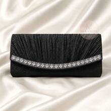 Curved Pleated Evening Clutch With Rhinestone Strap - 5 - View 3