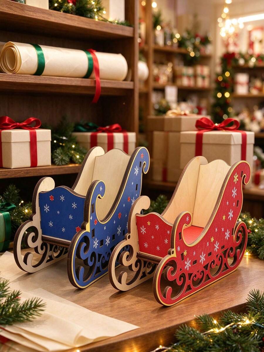 2pcs Christmas Sleigh Decor Set - Santa Claus Sleigh Shaped Desktop Storage Rack; Holiday Home Desktop Decoration, Christmas Snowflake Wooden Sleigh Storage Box - A - View 1