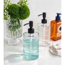 Nordic Vintage Vertical Striped Transparent Glass Soap Dispenser With Pump And Tag, Multi-Functional Hand Soap Dispenser Bottle For Kitchen Dish Soap, Bathroom Lotion, Shampoo, Body Wash, Home Decor And Christmas, Birthday, Housewarming Gift - Multicolor - View 4