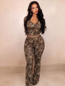Autumn/Winter Personalized Leopard Print Button Long Sleeve Top And Slim Fit Waist Pants Set - Brown - View 2