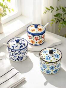 4pcs, 2pcs, 1pc Vintage Floral Seasoning Jars, Ceramic Salt Shakers, Condiment Containers With Lids And Spoons, Chili Oil Jars, Holiday Gift - Multicolor - View 5