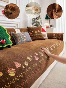 1Pc Christmas Themed Jacquard Sofa Cushion, Non Slip Couch Cover With Gingerbread & Xmas Tree Print, Washable Furniture Protector For Holiday Home Decor - Multicolor - View 11