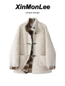 Korean Vintage Horn Button Leather Fur Jacket, Button-Up Coat, College Style, Casual Daily Wear, Autumn/Winter - Apricot - View 1