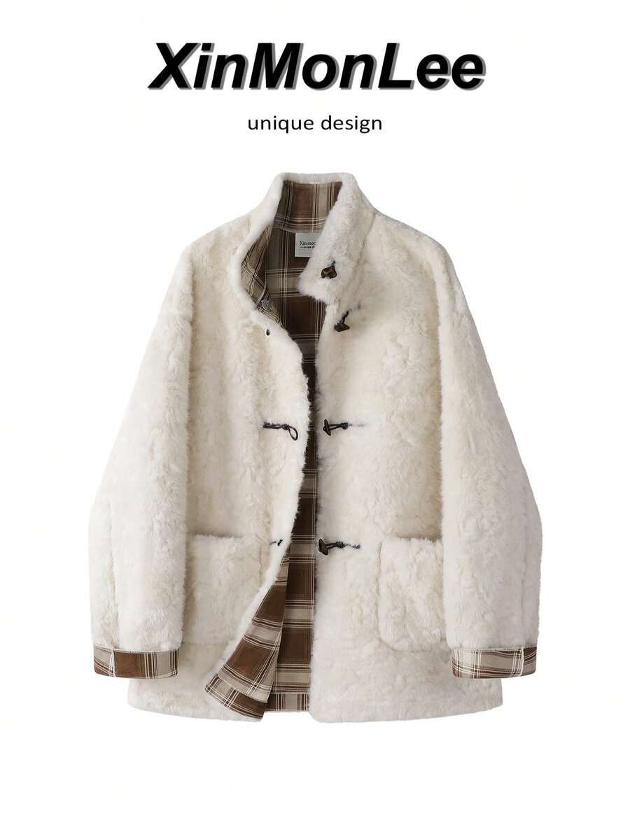 Korean Vintage Horn Button Leather Fur Jacket, Button-Up Coat, College Style, Casual Daily Wear, Autumn/Winter - Apricot - View 1