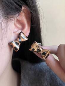 1 Pair Leopard Print Bow Earrings, High-End Luxury Niche Stud Earrings - Brown - View 1