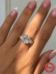 Light Luxury Banquet Style S925 Silver Zirconia Ring, Cushion-Cut Large Main Stone With Triangle Side Stones, Niche Gift Ring - Silver - View 7