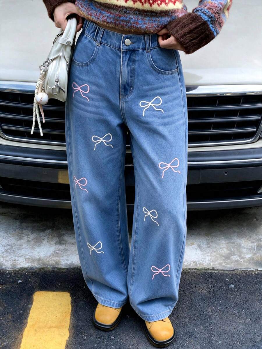 Girls' Denim Jeans With Bow Embroidery, Casual Fashion Versatile Blue Straight Leg Pants, Autumn/Winter Outfit - Medium Wash - View 1