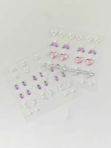 2pcs No-Drill Fake Ear Stud Stickers, Self-Adhesive Rhinestone Pearl Heart Temporary Ear Studs Gemstones, Suitable For Music Festival, EDM Party, Christmas Party Makeup - Multicolor - View 8