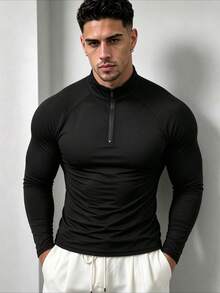 ZYNTH BALENO Men's Fashion Slim Fit Raglan Sleeve Zip-Up Collar Long Sleeve T-Shirt, Suitable For Gym, Running, Hiking - Black - View 3