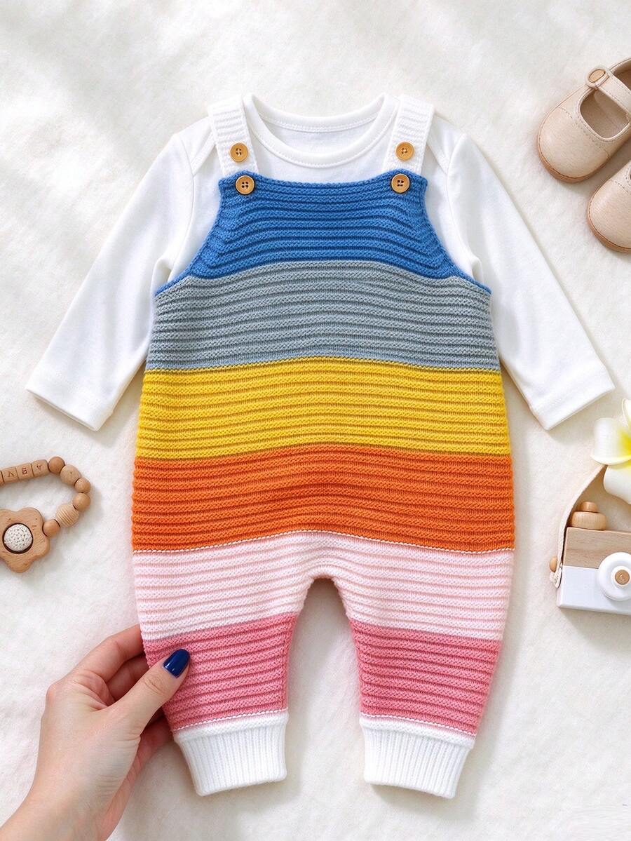 1pc Baby Girl Rainbow Striped Patchwork Knit Sleeveless Romper, Soft & Comfortable All-In-One Jumpsuit For Baby Girls - White - View 1