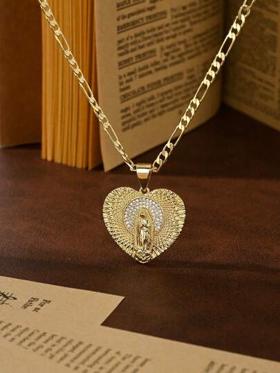 1 pieza Collar de edición limitada con estilo religioso popular europeo y americano, material de cobre chapado en oro de 14K con incrustaciones de circonita, adecuado para capas, vintage, con forma de corazón de oro de Nuestra Señora de Guadalupe/Virgen María Luz Guardiana, combinado con cadena Figaro de 60 cm, adecuado para regalo de Navidad/Acción de Gracias/Halloween/Día de la Madre/Día de San Valentín/Parejas/Amigos/Compañeros creyentes, Primera Comunión Católica, regalo, uso diario y festivo, oración