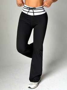 Hidkat Women's Solid Black & White Colorblock Drawstring High Waist Fitted Yoga Knit Casual Flare Pants - Black and White - View 4