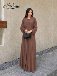 Conjunto de 2 piezas de abaya estilo kimono largo y modesto & vestido largo para mujer (excluyendo el pañuelo para la cabeza) Eid Primavera Otoño - Marrón oscuro - Ver 1