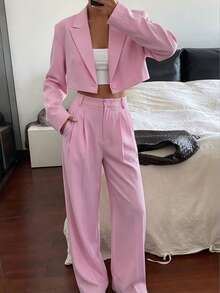 Women's Autumn Two‑Piece Set - French Elegant Commuter Academy‑Style Short Blazer With High‑Waisted Loose Wide‑Leg Pants - Pink - View 3