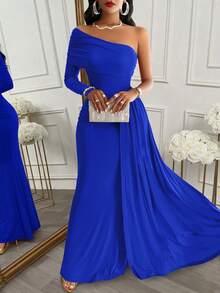 AIJ Women's One-Shoulder Maxi Dress, Asymmetric Neckline With Long Pleated Sleeves And Side Draping Details Elegant - Royal Blue - View 1