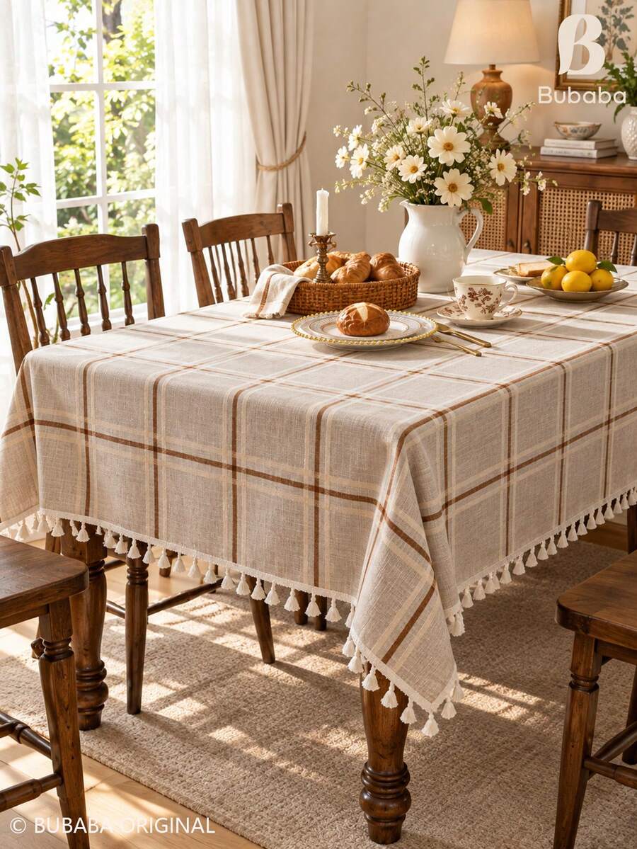 Bubaba Brown Plaid Tassel Tablecloth, Rustic Farmhouse Style Rectangular Tablecloth, Linen Texture Dining Tablecloth, Suitable For Kitchen, Dining Room, Party And Daily Home Decor - Multicolor - View 1