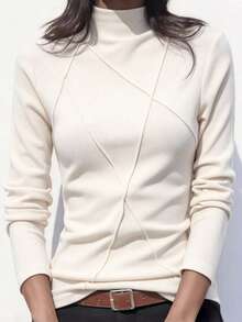 Women's Semi-High Neck Thermal Lined Base Layer Top, Autumn/Winter Patchwork Fishbone Design - Apricot - View 4