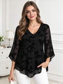 CheersLife Plus Size Women's Elegant Blouse, V-Neck Double-Layer Elastic Mesh Casual Flowy Work Shirt With Ruffle Hem And 3/4 Bell Sleeves Spring Black - Black - View 1