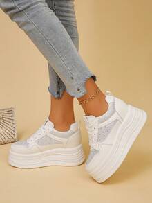 Women's Rhinestone Mesh Thick Sole White Sneakers With Wavy Platform Height-Increasing Lace-Up Breathable Casual Sports Shoes - White - View 4