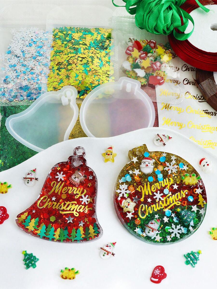 12pcs Christmas Resin Filling Material Kit - With (Red, Green, Gold) Hexagonal Glitter, Silicone Molds, Letter Stickers, Snowflake/Star/Christmas Tree Sequins And Santa/Reindeer Decorations, 3-Color Ribbons, For DIY Crafts, Resin Gift Filling, Holiday Keychains And Jewelry Accessories