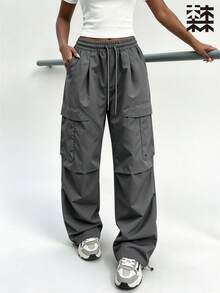 mulinsen Street Style Women's Cargo Pants, Elastic Waist Drawstring Multi-Pocket Black Long Pants - Dark Grey - View 6