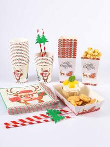 10/24pcs Christmas Reindeer & Santa Hat Print Disposable Paper Tableware Set, Includes Paper Cups, Napkins, Popcorn Boxes, Food Boxes And Straws, Suitable For Christmas Dinner, Family Gathering, Dessert Table Decor And Winter Party - Multicolor - View 4