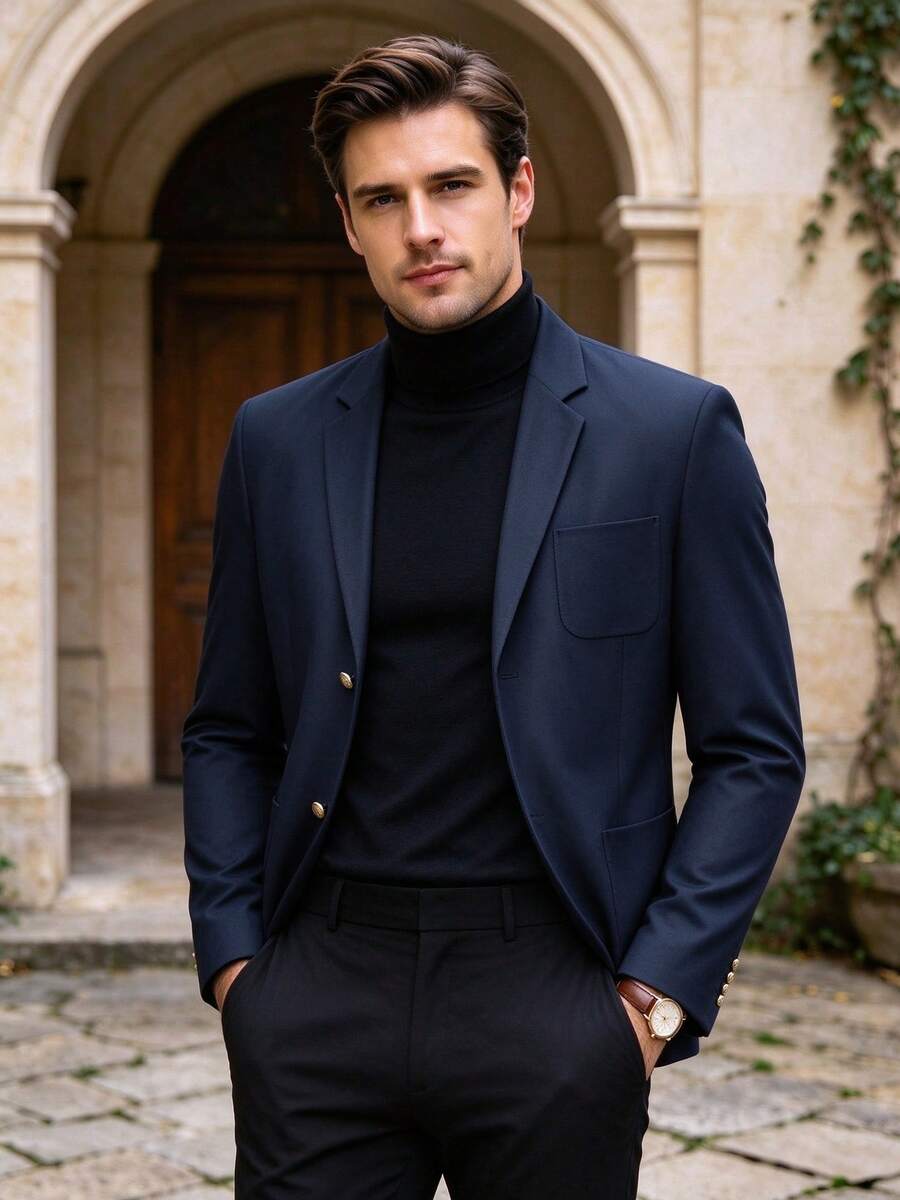 Men's Casual Lapel Neck Solid Color Long Sleeve Blazer, Business Commute Versatile, Daily Office, Gathering, Spring/Autumn - Navy Blue - View 1