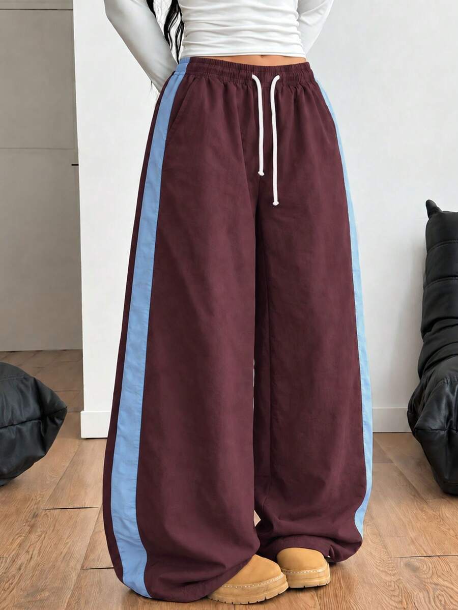 1pc Girls Teenager Casual Loose Straight Leg Wide Leg Pants With Side Stripe Design, Relaxed Outdoor Sports Style, Versatile Daily Commute Long Trousers - Brown - View 1