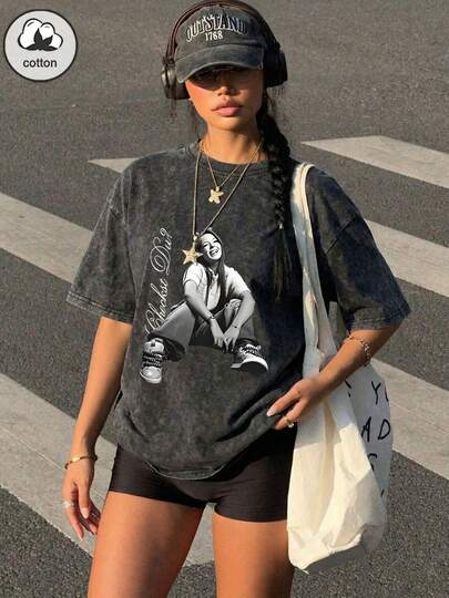 Women's Pure Cotton Summer Gothic "Portrait Letter" Graphic Print Streetwear Y2K Black Round Neck Short Sleeve Washed T-Shirt Top