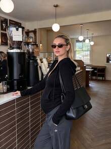 Autumn New Arrival Elegant Maternity Black Slim Fit Hooded Zip-Up Jacket With Cinched Waist Long Sleeve Short Sweatshirt Sweatshirt - Black - View 4