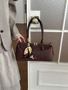 Suede Matte Solid Color Tote Bag, Genuine Leather Commuter Large Capacity Shoulder Handbag Underarm Bag, Autumn/Winter Style - Coffee Brown - View 7