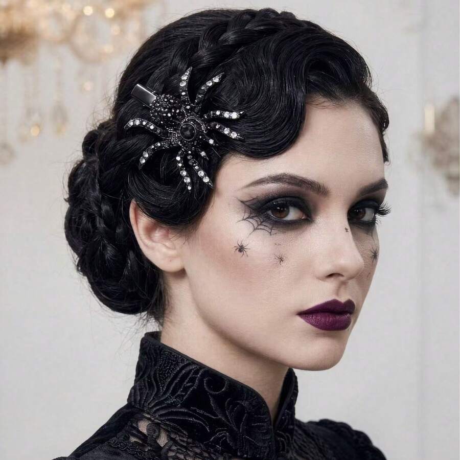 1pc Gothic Dark Style Rhinestone Spider Hair Clip, Shiny Rhinestone Alloy Alligator Hair Clip, Halloween Party Personalized Side Clip Hair Accessory, Halloween Exaggerated 3D Spider Hair Clip, Punk Style Black & White Rhinestone Alligator Hair Clip, Cool Girl Side Clip Hair Accessory - Black - View 1