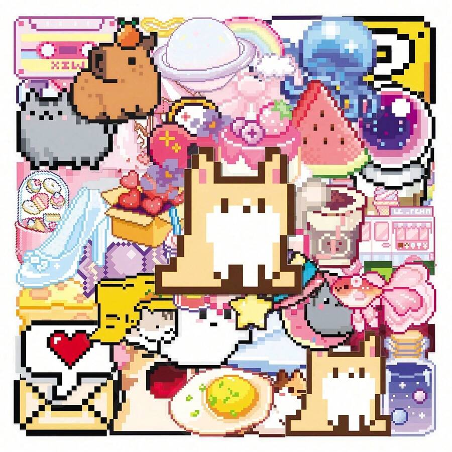 somoving 50pcs Pixel Art Transparent Stickers, Cartoon PET Cute Creative Waterproof Decorative DIY Stickers For Phone And Computer - Multicolor - View 1