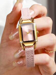 Women's Fresh Small Thin PU Strap Quartz Watch, Minimalist Square Dial With Simple Markings, Suitable For Girls And Students For Daily Wear, Gift Watch (1pc/Set) Watch Box Not Included - Pink - View 5