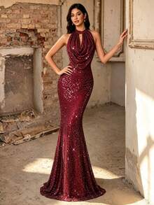 Autumn/Winter Elegant Luxury Draped Neck Draped Collar Full Sequin Fitted Mermaid Long Evening Dress, Suitable For Party, Ball, Banquet - Burgundy - View 1